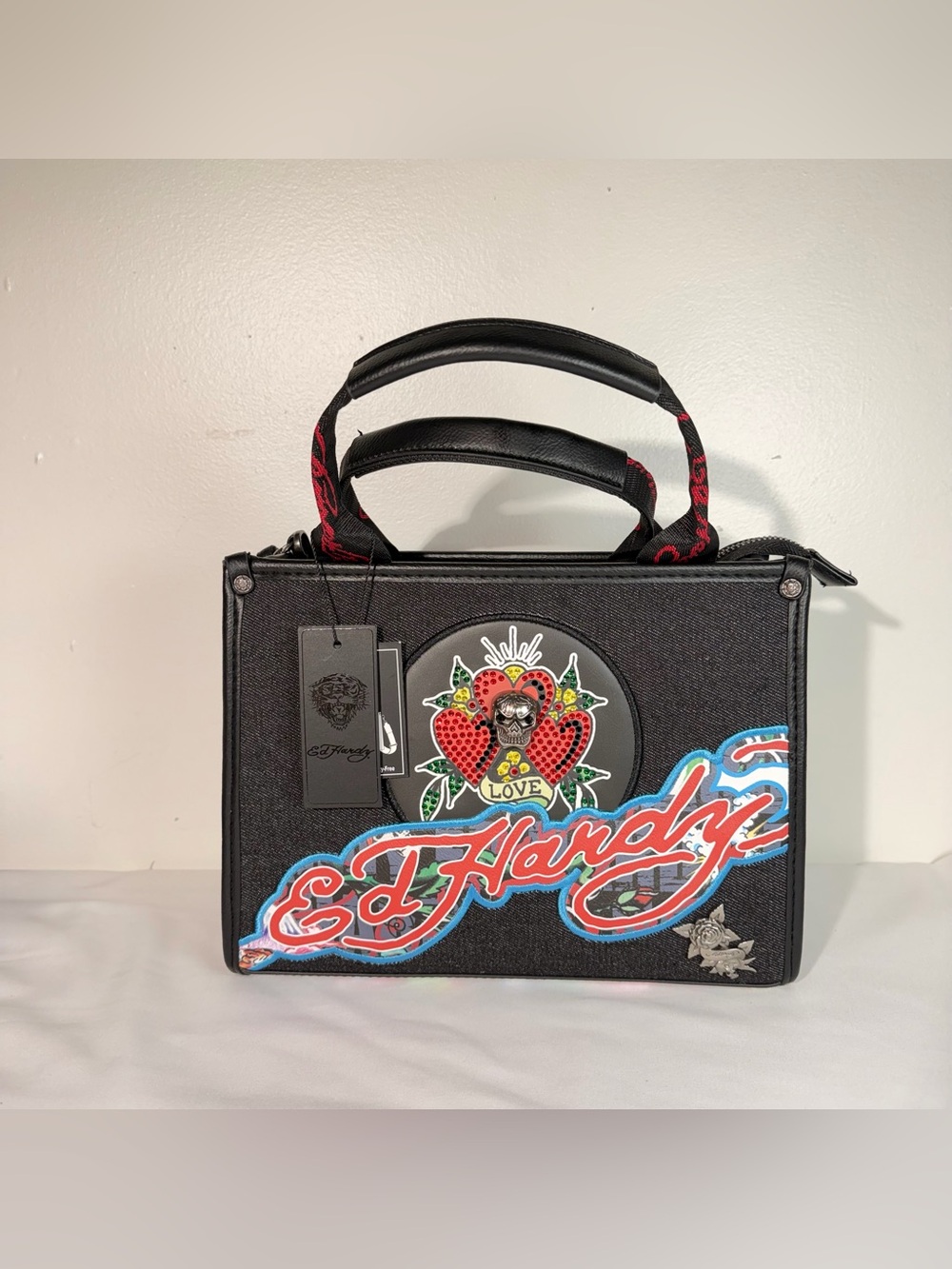 Ed Hardy Black Denim Rhinestone Crossbody Bag